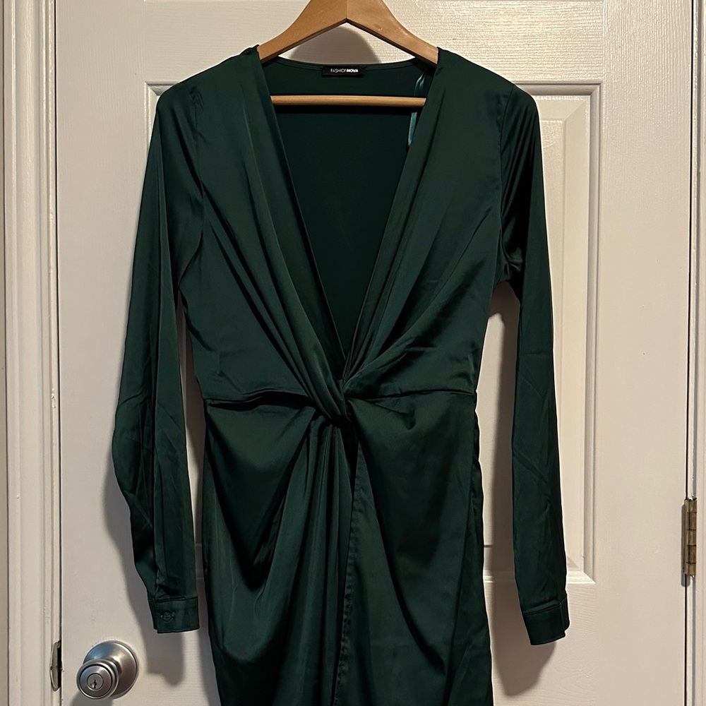 Fashion Nova Emerald Long Sleeve Twist Dress